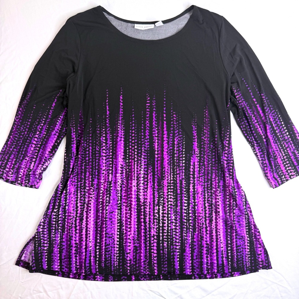 Susan Graver Liquid Knit Purple Black Drip Print 3/4 Sleeve Tunic Top Large